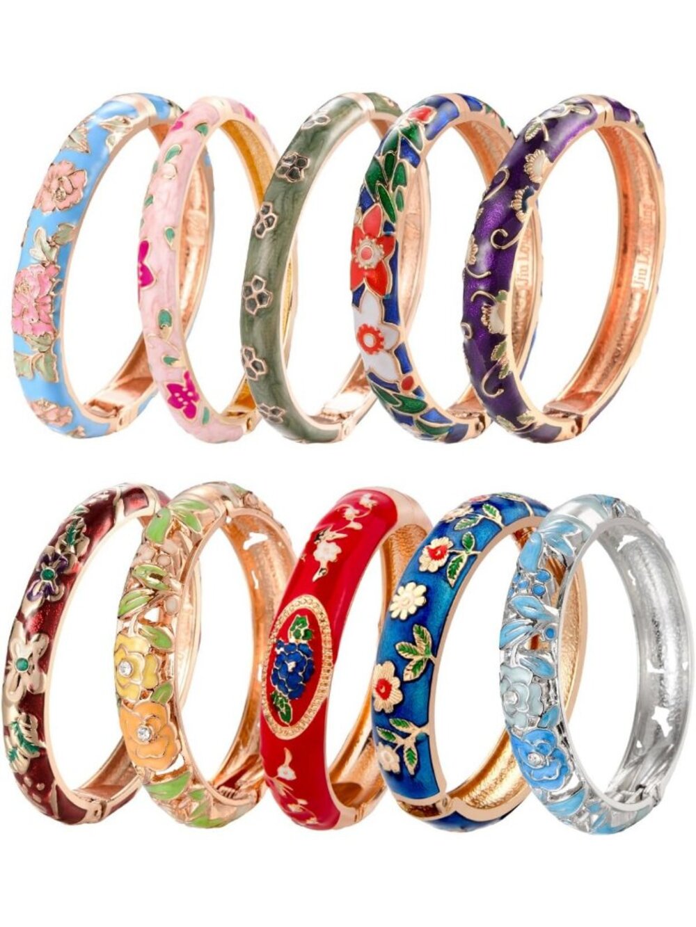 Colorful Vintage Enamel Bangles Set - 10 PCS Cloisonne Jewelry with Golden